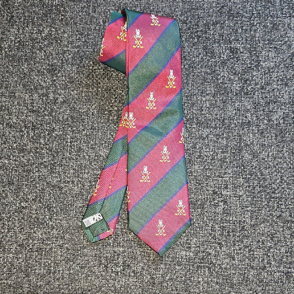 Psycho Bunny Red and Green Striped Tie with Gold Accents